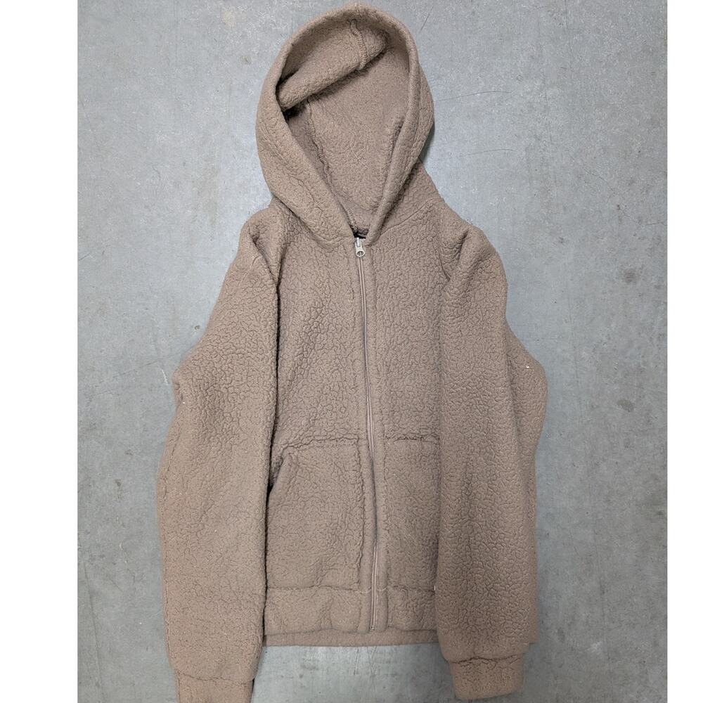 Lemite Taupe Tan Sherpa Faux Fur Full Zip Hooded Jacket Teddy Bear Fuzzy Coat